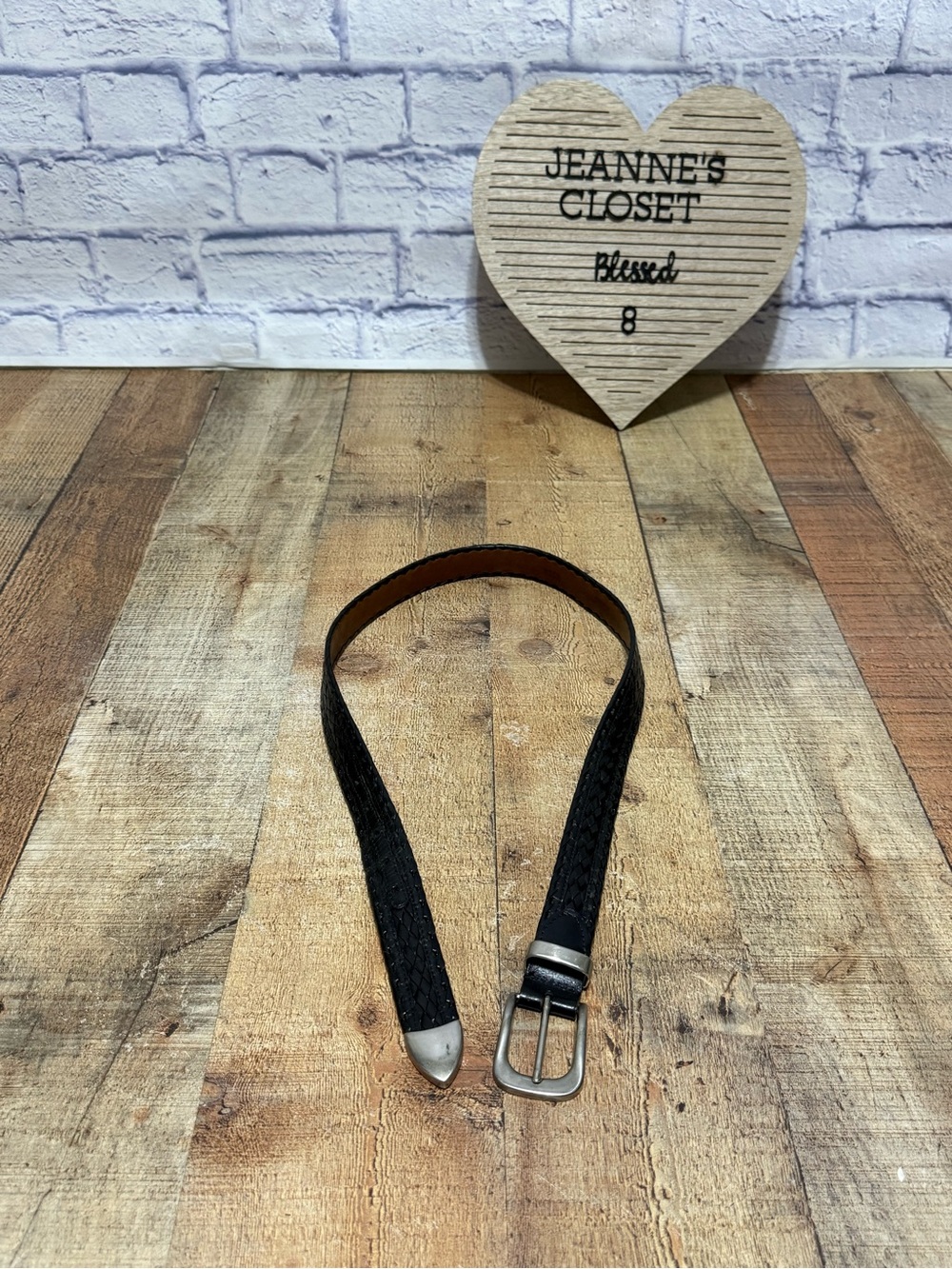 Vintage-Style Torino Black Woven Leather Belt with Solid Brass Tip